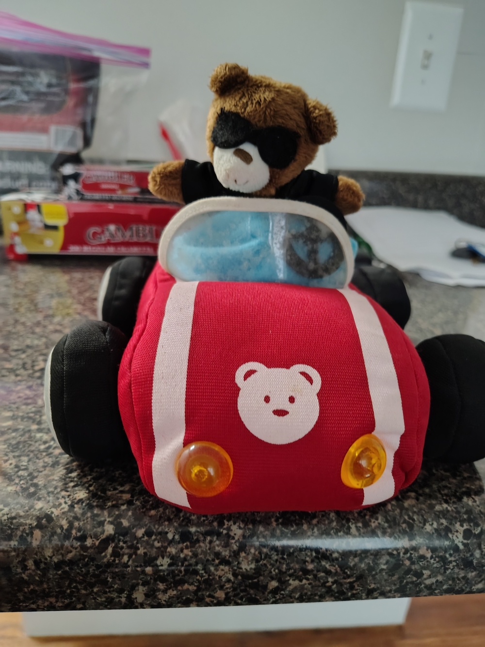Gund Red Plush Race Car with Brown Bear Driver